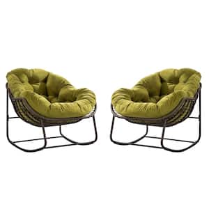 Metal Rattan Outdoor Rocking Chair Recliner Chair with Olive Green Cushion for Living Room, Patio, Garden (Set of 2)