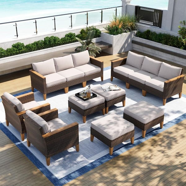 PHI VILLA Dark Brown Rattan Wicker 12 Seat 12-Piece Steel Outdoor Patio Conversation Set with Beige Cushions and 4 Ottomans