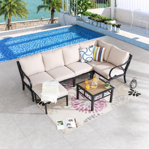 Patio Festival 7-Piece Metal Patio Conversation Set with Beige Cushions