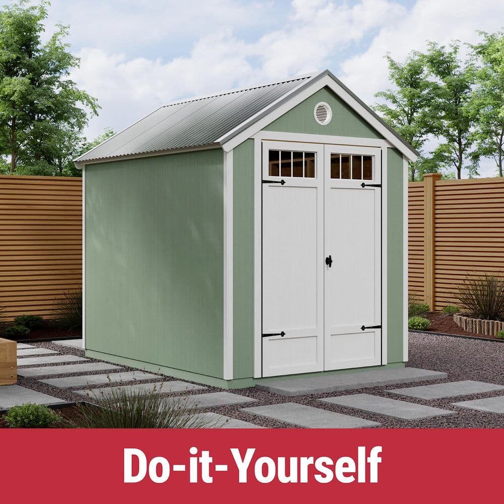 Gray 6' x 8' Wooden Garden Shed with Metal Roof and Shelving