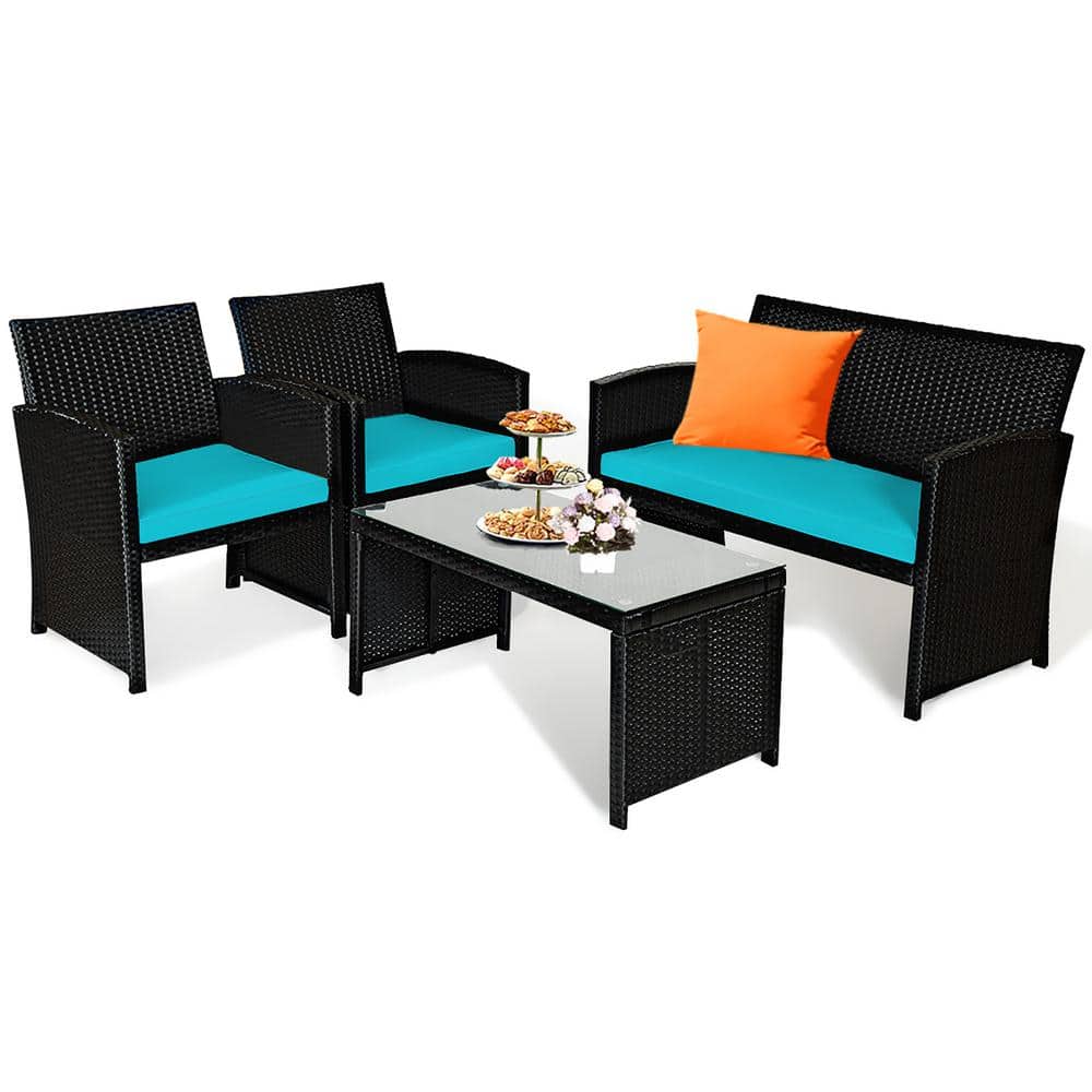 Turquoise Cushioned Black Wicker 4-Piece Patio Conversation Set