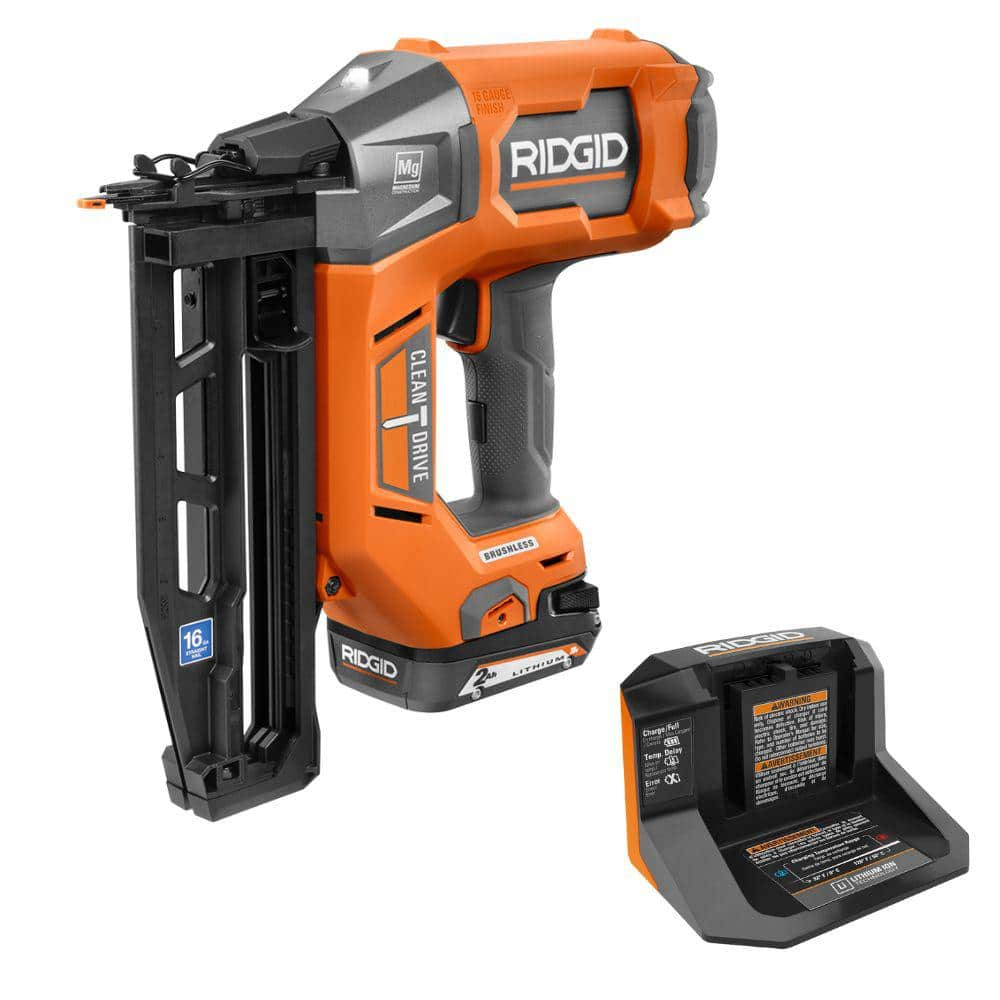 18V Brushless Cordless 16-Gauge 2-1/2 in. Straight Finish Nailer Kit with 2.0 Ah Battery and Charger -  RIDGID, R09893K