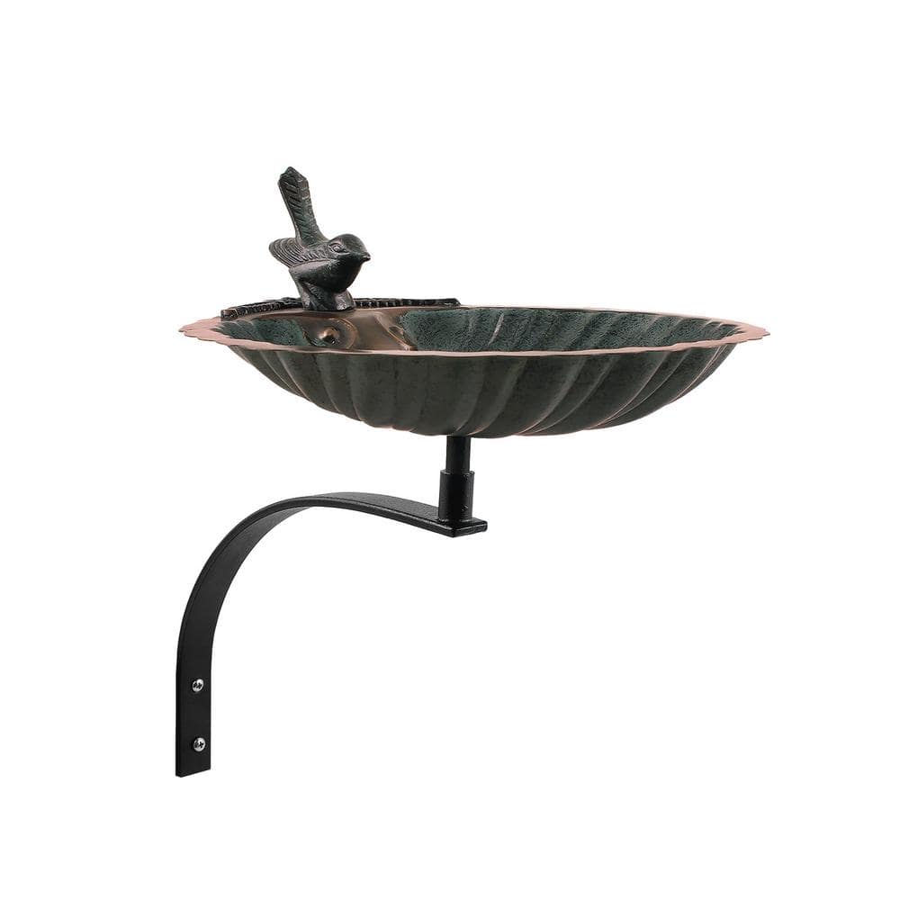 Verdigris Scalloped Shell Bird Bath with Wall Bracket