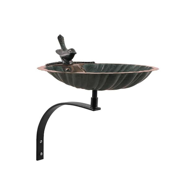 ACHLA DESIGNS 14.25 in. Tall Antique Brass Plated Scallop Shell Birdbath with Wall Mount Bracket