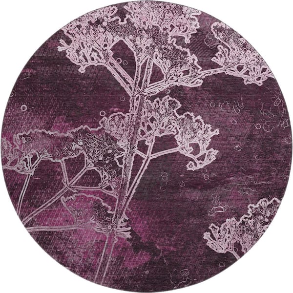 Mayfield Premium Machine Washable Abstract AMF2239 Eggplant 8 ft. x 8 ft. Round Rug