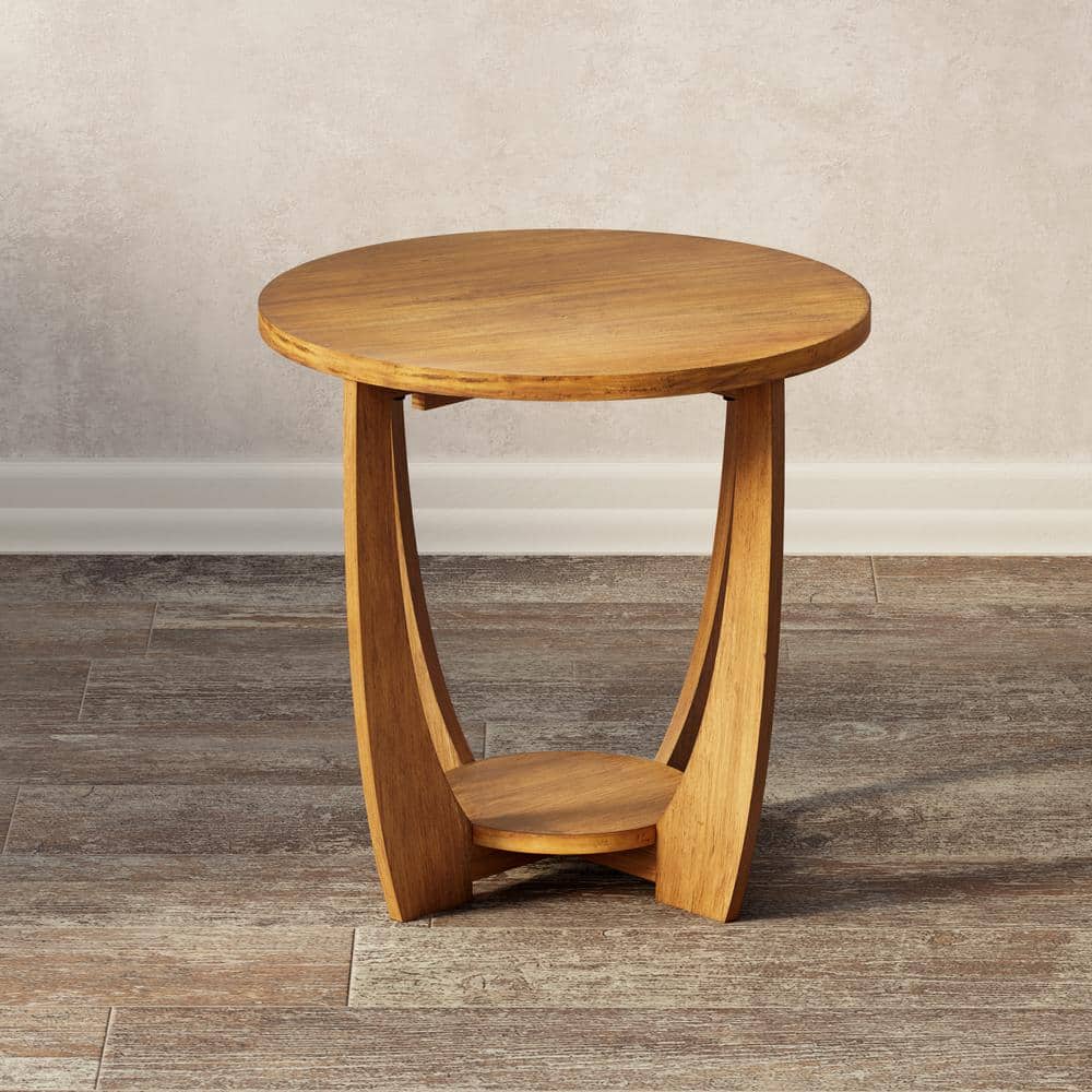 Rustic Caramel Brown Round Wood End Table with Shelf
