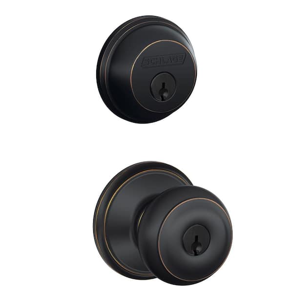 Schlage Aged Bronze Single Cylinder Deadbolt with Georgian Entry Door Knob Combo Pack