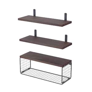 16.5 in. W x 5.5 in. H x 6 in. D 3-Tier Pine Rectangular Bathroom Wall Shelf with Iron Basket in Brown