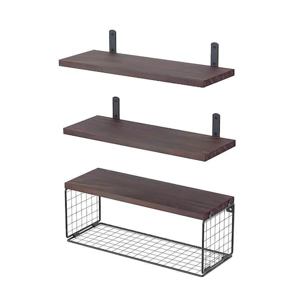 Tileon 16.5 in. W x 5.5 in. H x 6 in. D 3-Tier Pine Rectangular Bathroom Wall Shelf with Iron Basket in Brown