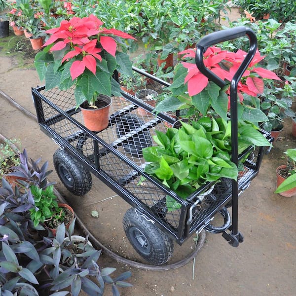 Sudzendf Black 3.6 cu. ft. Steel Garden Cart with Removable Sides and 180-Degree Rotating Handle