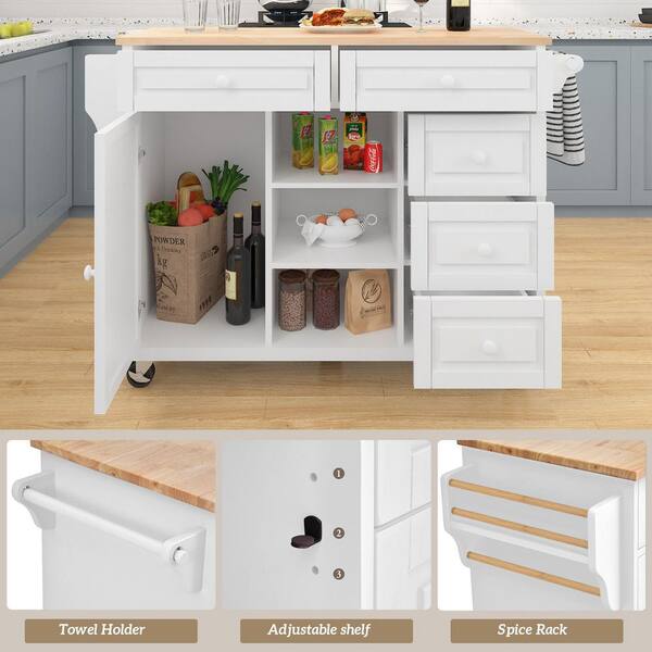 Ziyudura Rolling White Rubber Wood Desktop 52 in. Kitchen Ziyudura Rolling White Rubber Wood Desktop 52 in. Kitchen
