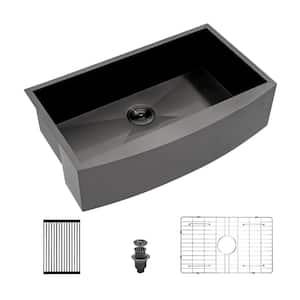 Black Stainless Steel 30 in. Single Bowl Farmhouse Apron Workstation Kitchen Sink with Drainboard and Bottom Grid