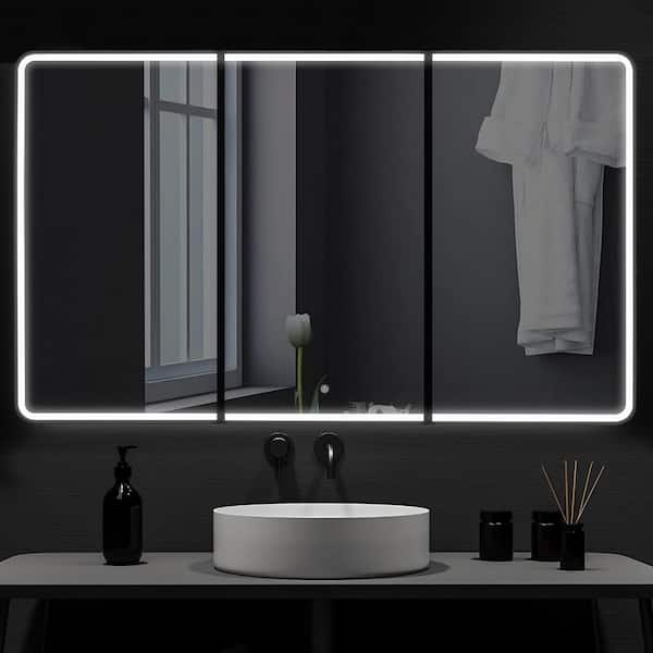 60 in. W x 36 in. H Rectangular LED Tri-View Medicine Cabinet with Mirror and Built-In Defogging, Easy Hang Syste