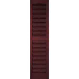 12 in. x 29 in. Lifetime Vinyl Custom Cathedral Top Center Mullion Open Louvered Shutters Pair Bordeaux
