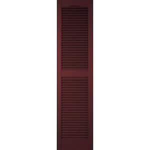 12 in. x 76 in. Lifetime Vinyl Custom Cathedral Top Center Mullion Open Louvered Shutters Pair Bordeaux