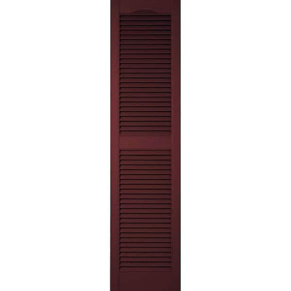 Ekena Millwork 14-1/2 in. x 26 in. Lifetime Vinyl Custom Cathedral Top Center Mullion Open Louvered Shutters Pair Bordeaux