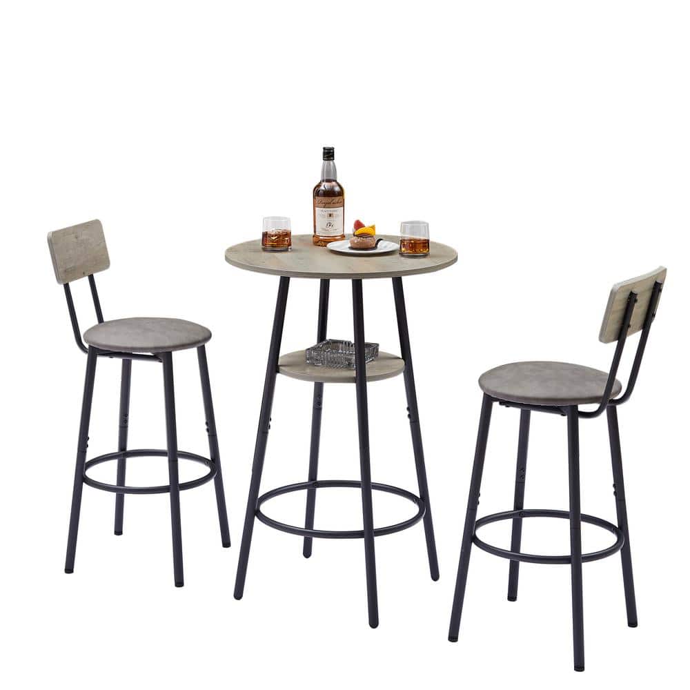 3-Piece Metal Outdoor Bistro Set with Gray Cushions, Round Bar Stool Set wi