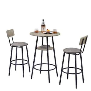3-Piece Metal Outdoor Bistro Set with Gray Cushions, Round Bar Stool Set with Shelf, Upholstered stool, Gray