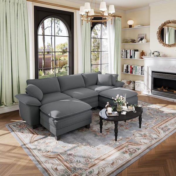 PHI VILLA 123.6 in. Flared Arm 5-Seat Corduroy Fabric U-Shaped Modular Sectional Sofa in Light Gray with Pillows and Ottomans