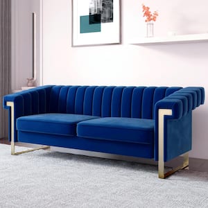 83.86 in. Soft Velvet Square Arm Straight Sofa with Removable Cushion in Blue