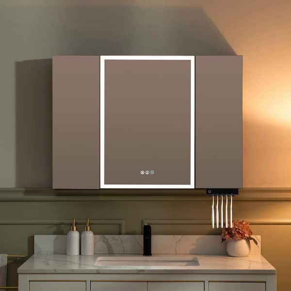 39.4 in. W x 27.75 in. H Large Rectangular Aluminum Surface Mount 3-Door LED Lighted Medicine Cabinet with Mirror