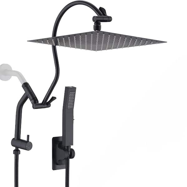 1-Spray 12 in. Wall Mount Dual Shower Head Rain Shower Head with 16 in. Curved Extension Arm 2.5 GPM in Matte Black