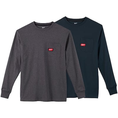 Men's Large Gray and Blue Heavy-Duty Cotton/Polyester Long-Sleeve Pocket T-Shirt (2-Pack)
