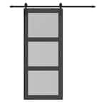 36 in. x 84 in. 3 Lite Pre Assembled Frosted Glass Black MDF Interior Sliding Barn Door with Hardware Kit Door Handle