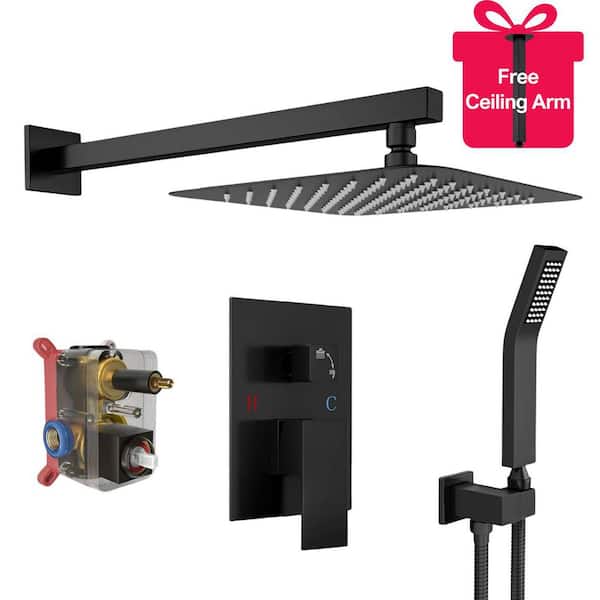 waterpar 1-Spray 10 in. Wall Mount Dual Shower Head with Ceiling Mount Arm Fixed and Handheld Shower Head 2.5 GPM in Black