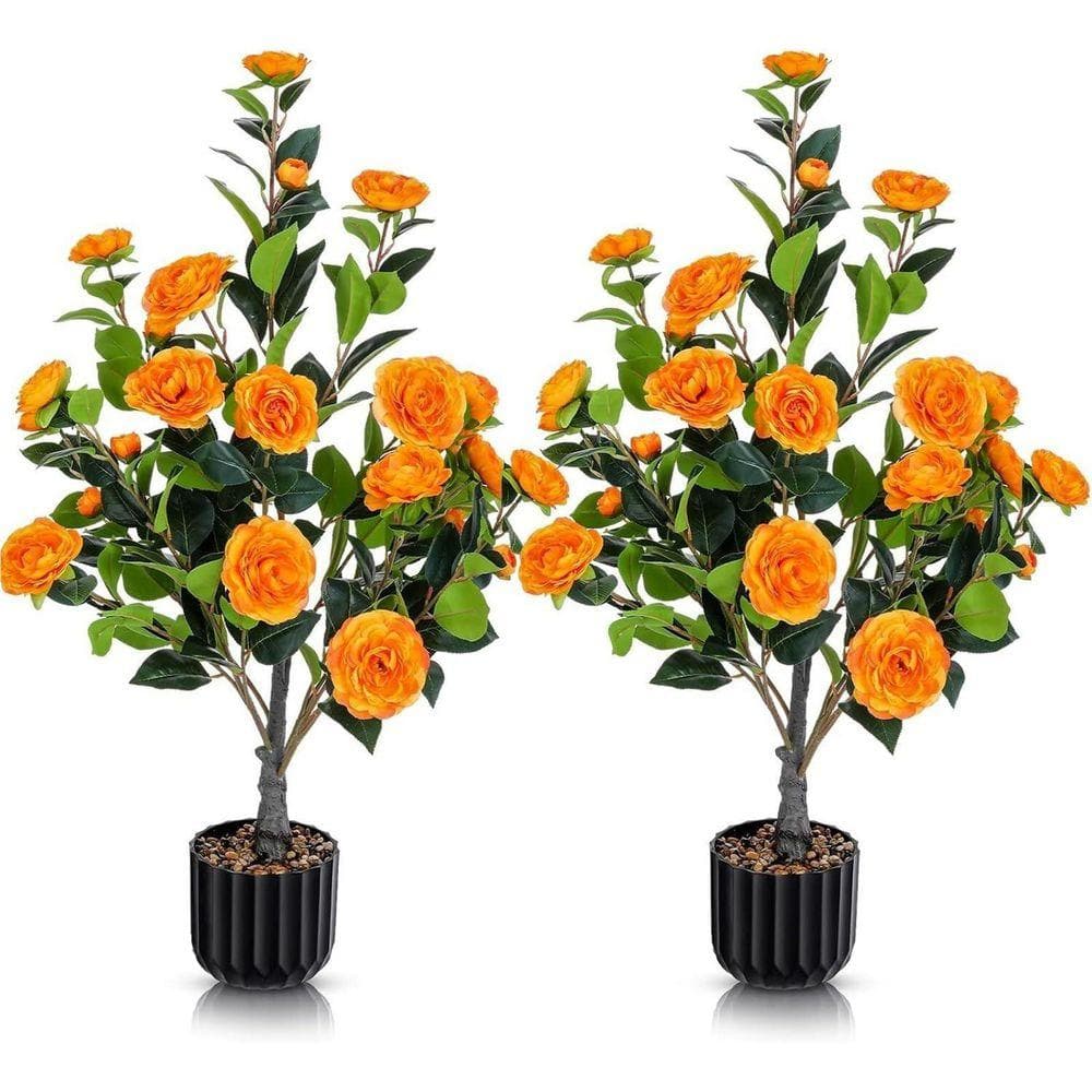3 ft. Artificial Camellia Tree 2-PC in Pot, 24 Vibrant Orange Flowers, for Indoor Outdoor Office Home Porch Coffee Decor price history on PriceWatchPro