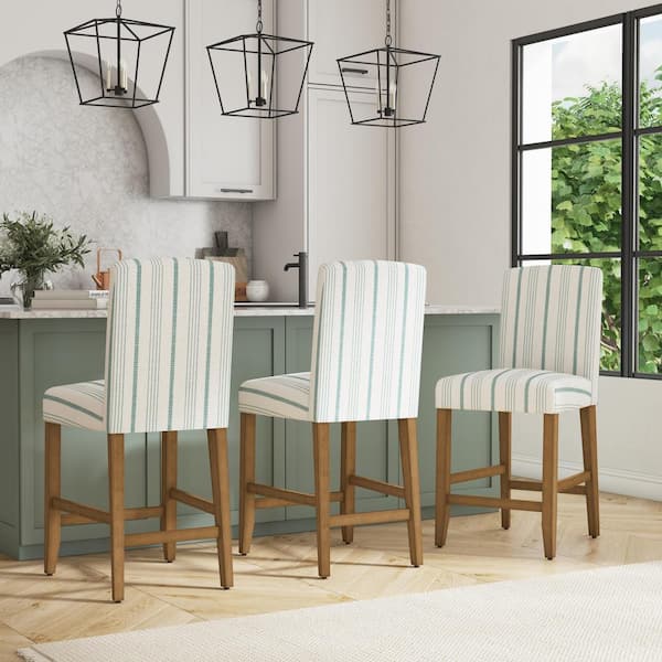 24 in. Teal Calypso Stripe Curved High Back Wood Bar Stool Counter Stool with Durable Polyester Seat (Set of 1)
