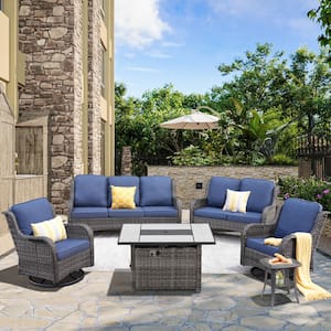 Demeter Gray 6-Pcs Wicker Patio Rectangular Fire Pit Set with Denim Blue Cushions and Swivel Rocking Chairs