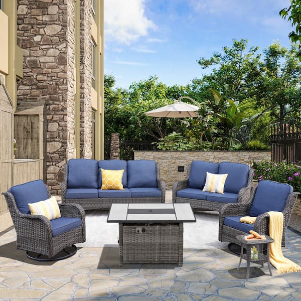 XIZZI Demeter Gray 6-Pcs Wicker Patio Rectangular Fire Pit Set with Denim Blue Cushions and Swivel Rocking Chairs