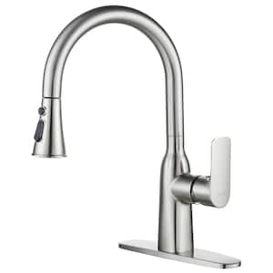 Stainless Steel 3-Functions Single-Handle Pull Down Sprayer Kitchen Faucet with Deck Plate in Brushed Nickel