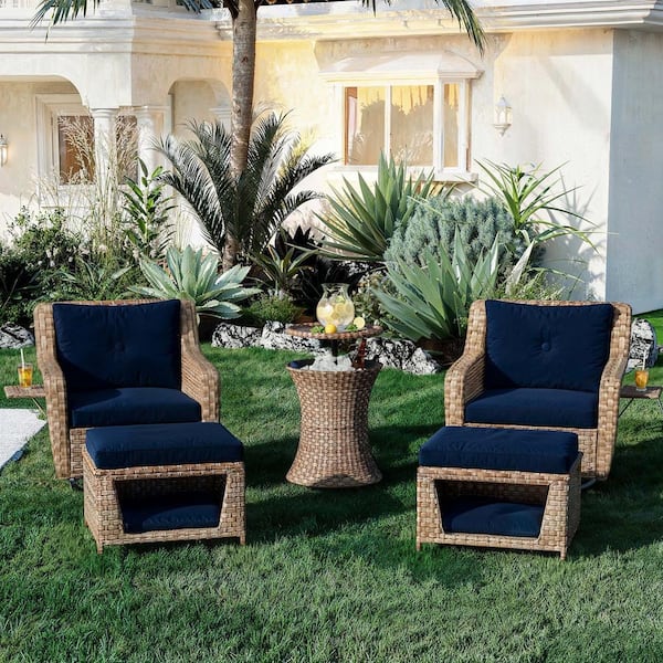 Unbranded 5-Piece Wicker Patio Conversation Set with Cool Bar and Retractable Side Tray, Swivel Rocking Chairs, Navy Blue Cushions
