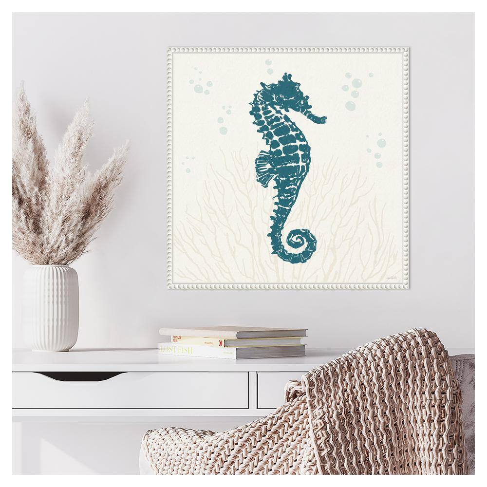 Nautical Blue Seahorse Print on Beaded Canvas Frame