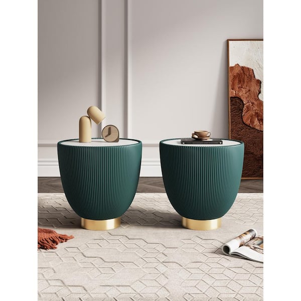 Anderson Modern 18.43 in. Green Round Faux Marble Top Faux Leather Upholstered End Table (Set of 2)