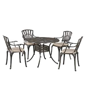 Grenada Taupe Tan 42 in. 5-Piece Cast Aluminum Round Outdoor Dining Set with Tan Cushions