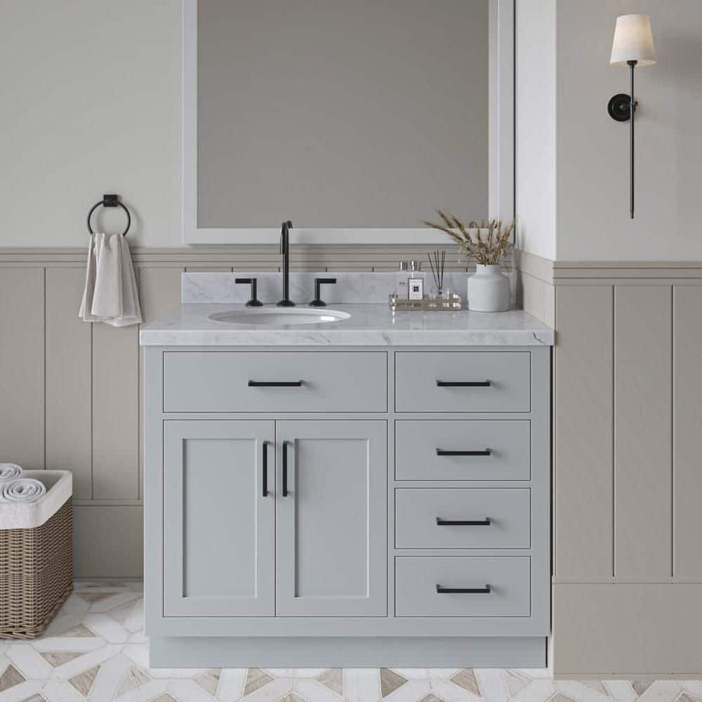 Hepburn 42 in. Single Sink Freestanding Bath Vanity in Gray with Carrara White Marble Top & Sidesplash price history on PriceWatchPro