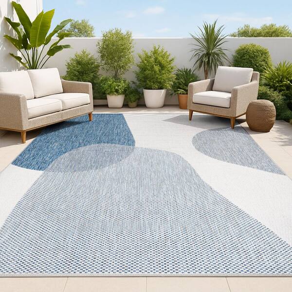 Zia Modern Geometric Organic Shapes Cream/Navy 8 ft. x 10 ft. Indoor/Outdoor Area Rug