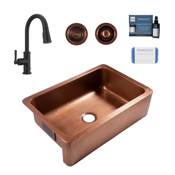 Adams 33 in. Farmhouse Apron Front Undermount Single Bowl 16-Gauge Antique Copper Kitchen Sink with Bronze Faucet Kit