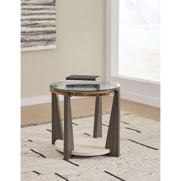 Signature DESIGN BY ASHLEY Frazwa 24 in. Brown Round Glass End Table with Shelves