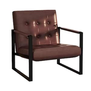 Grondin Mid-Century Modern Brown Faux Leather Accent Armchair with Padded Armrests for Home Office