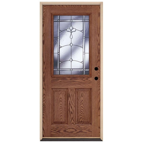 Feather River Doors 37.5 in. x 81.625 in. Carmel Patina 1/2 Lite Stained Medium Oak Fiberglass Prehung Front Door