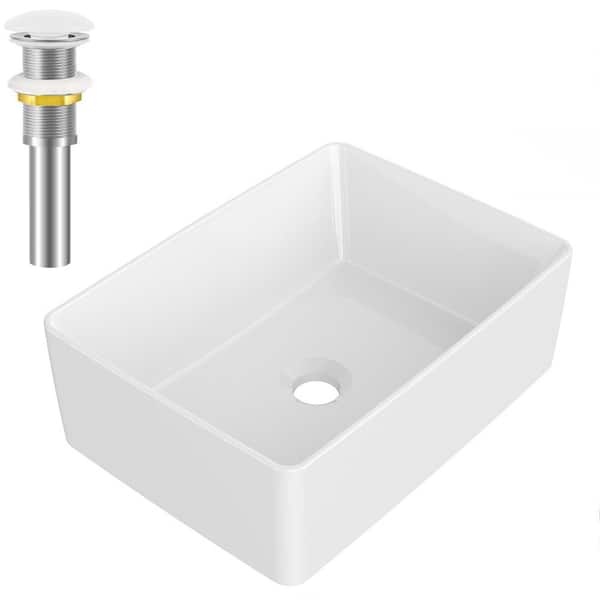 yulika Rectangular Sink 12 in . Bathroom Sink Ceramic Vessel Sink with Pop-Up Drain in White