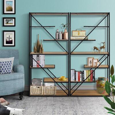 70.2 in. Light Brown MDF 7-Shelf Etagere Bookcase Display Storage Shelf with Open Back and Matt Black Tube