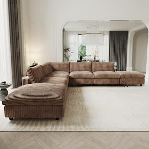 Modern 157 in. Square Arm Soft Faux Rabbit Fur Velvet Modular Cloud Sectional Sofa 7-Seater with Ottomans in Brown