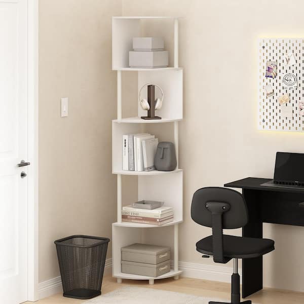 Furinno Econ 71.26 in. Tall White/White Wood 5-Shelf Zigzag Corner Bookcase