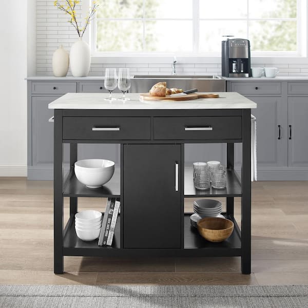 Black kitchen cabinet with marble kitchen island