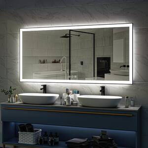 96 in. W x 36 in. H Rectangular Framed LED Anti-Fog Wall Bathroom Vanity Mirror in Black with Backlit and Front Light